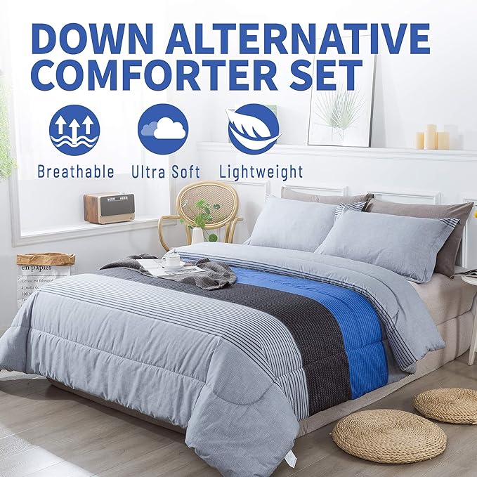 Andency Twin Comforter Set Blue (66x90 Inch), 2 Pieces Patchwork Striped Comforter Bed Sets for Boys, Soft Microfiber Down Alternative Comforter Bedding Set with Corner Loops