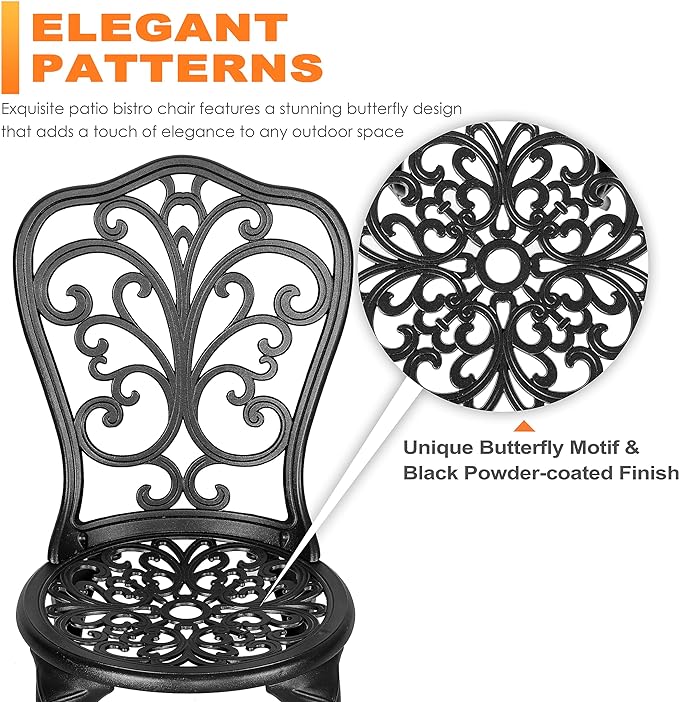 NUU GARDEN 3 Piece Bistro Set Outdoor, All Weather Cast Aluminum Patio Bistro Sets Patio Table and Chairs Set of 2 with Umbrella Hole for Yard, Balcony, Black, Butterfly Backrest