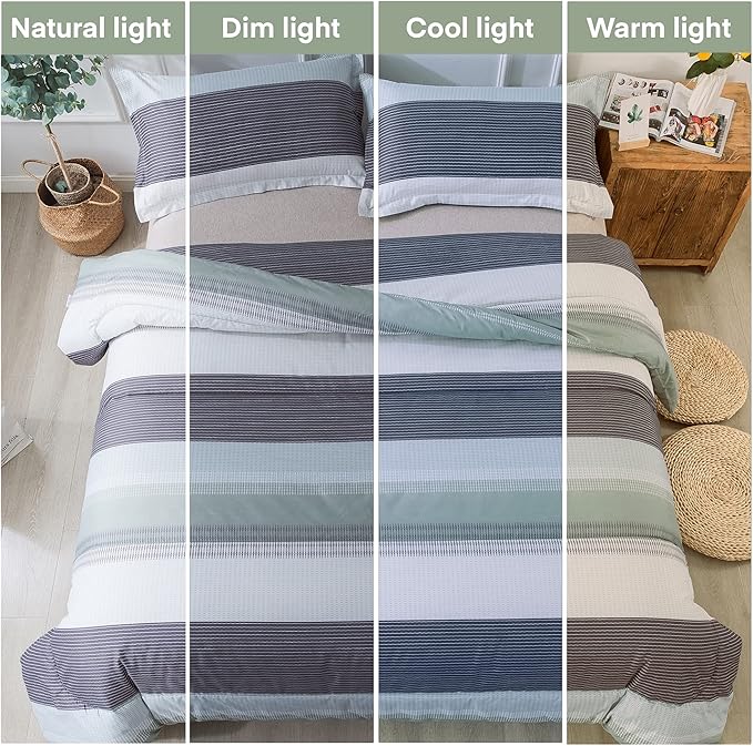 Andency Stripe Comforter Set Queen Size (90x90 Inch), 3 Pieces Mint Green Patchwork Striped Comforter, Soft Microfiber Down Alternative Comforter Bedding Set with Corner Loops