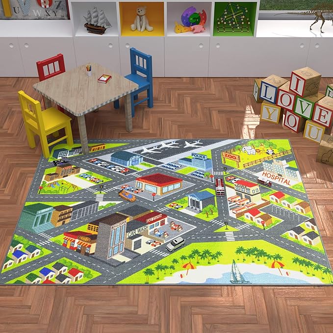 KC CUBS Road Play Map City Car Vehicle Traffic Educational Learning & Fun Game Area Non Slip Boy & Girl Kids Rug Carpet for Children Bedroom, Toddler Classroom & Baby Playroom Mat, Playtime Activity