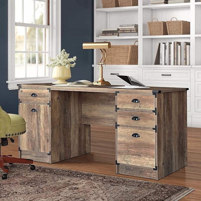 Modern Executive Desk, 59" Vintage Farmhouse Study Writing Desk with Storage Drawers, Industrial Wood Computer Manager's Desk with Knee Space for Home Office, Rustic Oak