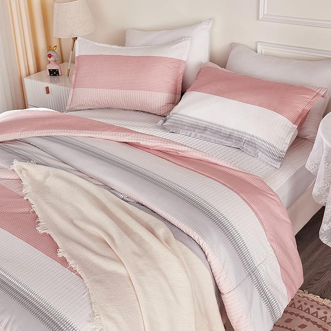 Litanika Pink King Size Comforter Set, 3 Pieces Blush White Colorblock Lightweight Bedding Comforter Set