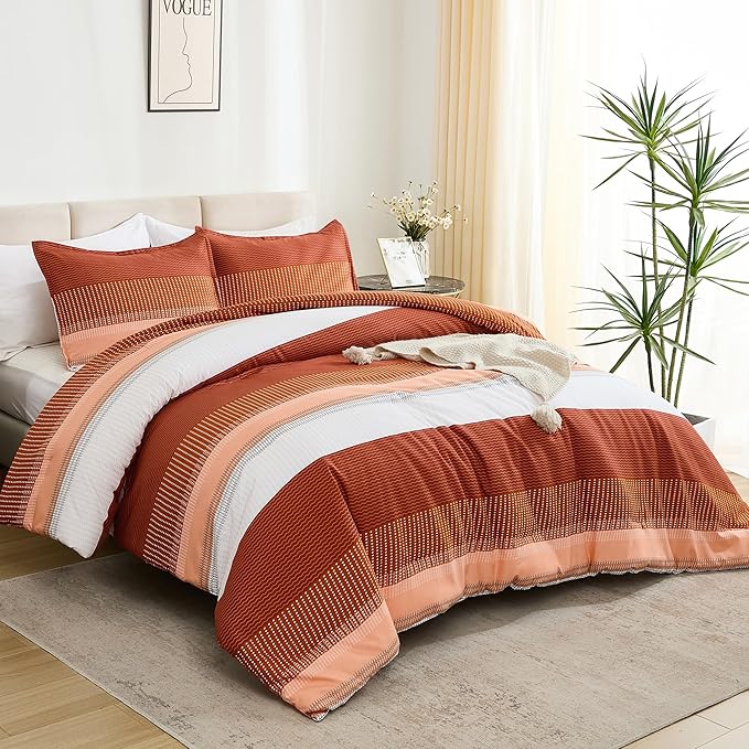 Litanika Burnt Orange Comforter Sets for Queen Bed, 3 Pieces Boho Terracotta Stripe Colorblock Bedding Comforter Set, Rust Fluffy Bed Set (90x90In Comforter, 2 Pillowcases)