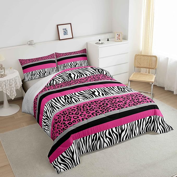 Zebra Stripes Comforter Leopard Print Comforter Set For Kids Boys Girls Pink Black White Zebra Leopard Fur Bedding Set Ultra Soft Decor Wild Animal Skin Texture Pattern Duvet Set Queen Size Quilt Set