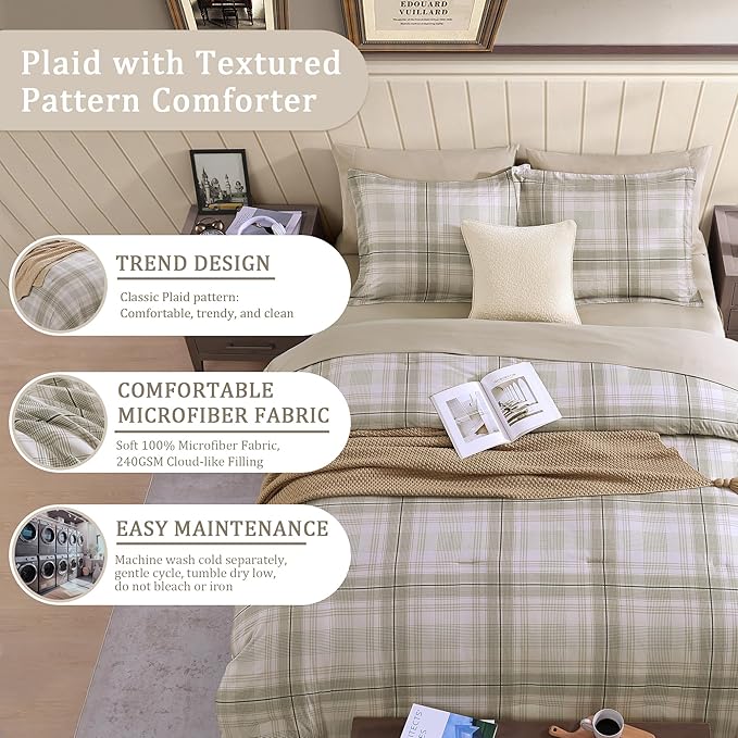 Beige Comforter Full Size, Khaki Green Plaid Full Size Comforter Sets for Boys & Girls,Classic Homestead-style Bedding Sets Full with Full Size Bed Sheets and Comforter Set