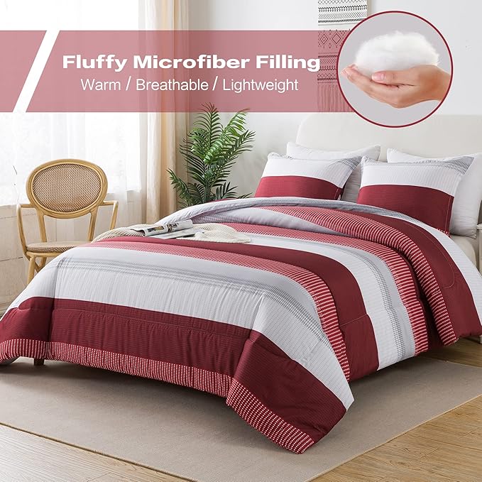 Litanika Red Comforter Set King, 3 Pieces Boy Men Women Girls Christmas Comforter Bedding Set, Burgundy White Colorblock Stripe for Winter (104x90In Comforter & 2 Pillowcases)