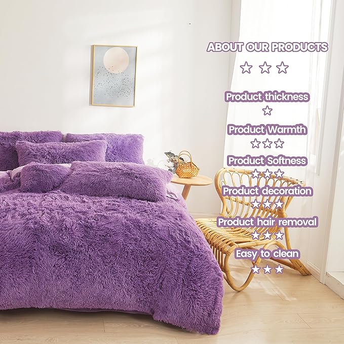FOPPA Dark Purple Faux Fur Comforter Cover Set Ultra Soft Plush Bedding Sets 3 Pieces (1 Faux Fur Duvet Cover + 2 Faux Fur Pillow case) Zipper Closure (Queen, Dark Purple)