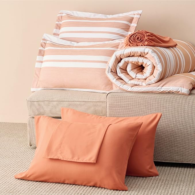 Bedsure Bed in a Bag Queen Size 7 Pieces, Burnt Orange White Striped Bedding Comforter Sets All Season Bed Set, 2 Pillow Shams, Flat Sheet, Fitted Sheet and 2 Pillowcases