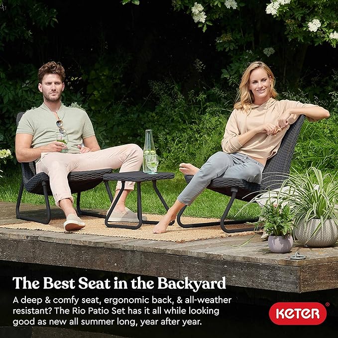 Keter Rio 3 Piece Resin Wicker Patio Furniture Set with Side Table and Outdoor Chairs, Dark Grey