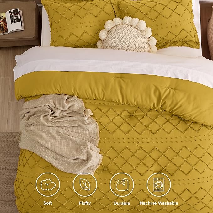 Bedsure Queen Comforter Set - Mustard Yellow Comforter, Boho Tufted Shabby Chic Bedding Comforter Set, 3 Pieces Vintage Farmhouse Bed Set for All Seasons, Fluffy Bedding Set with 2 Pillow Shams