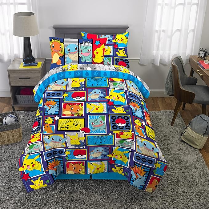 Franco Kids Bedding Super Soft Comforter and Sheet Set with Sham, 5 Piece Twin Size, Pokemon