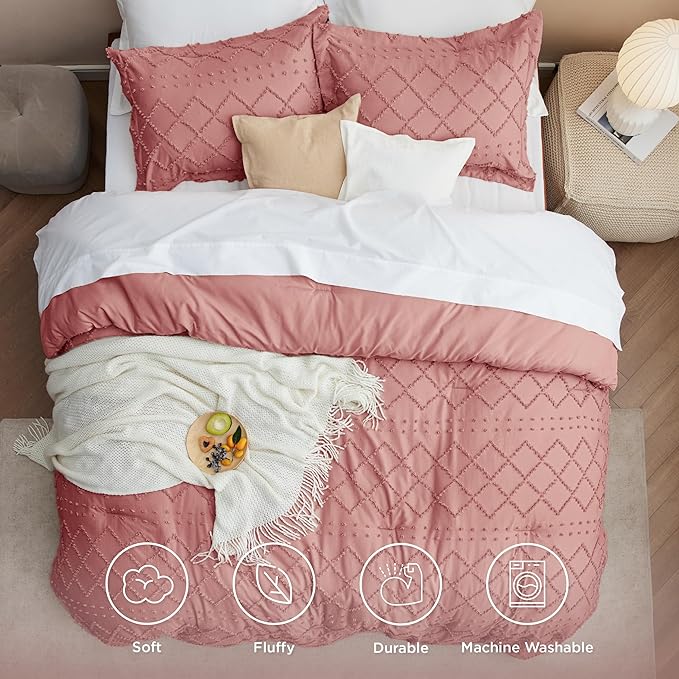 Bedsure Twin/Twin XL Comforter Set - Pink Clay Boho Twin Extra Long Comforter Set for College, Shabby Chic Dorm Bedding Set, 2 Pieces Modern Farmhouse Bed Set, includes 1 Pillow Sham
