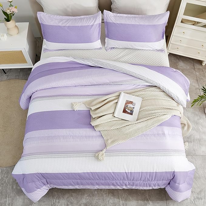 Litanika Lavender Comforter Set King - 3 Pieces Lightweight Lavender Purple White Colorblock Stripe Fluffy Bedding Comforter Sets, All Season Bed Set