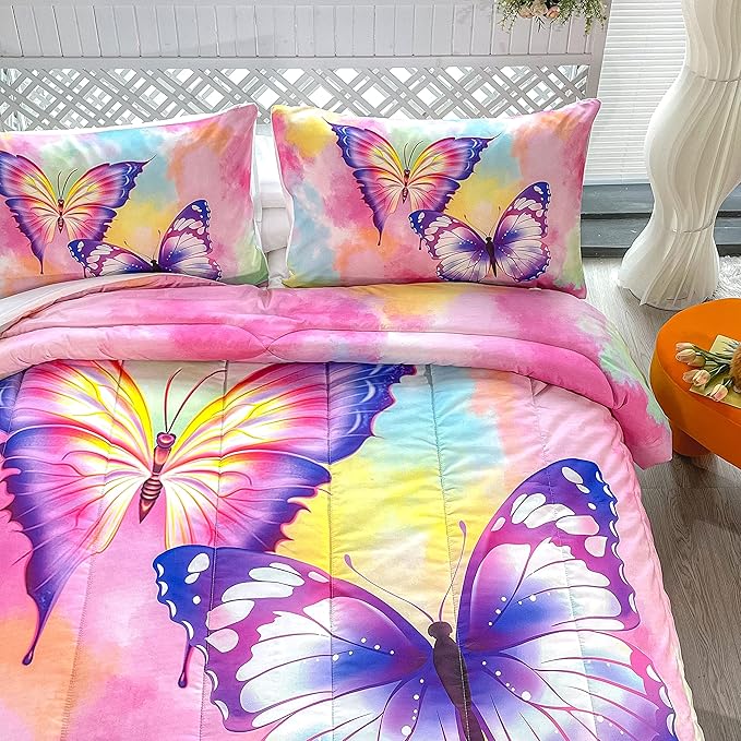CVHOUSE Butterfly Bedding Set,Butterfly Comforter Twin,Butterfly Comforter Set for Girls Kids Teens,Butterflies Quilt Set with 1 Comforter and 2 Pillow Cases
