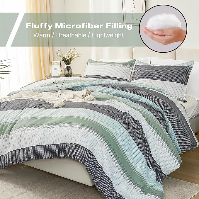 Litanika Queen Comforter Set Sage Green - 3 Pieces Lightweight Bedding Comforter Sets, Light Green White Colorblock Stripe Fluffy Bed Set, All Season Down Alternative