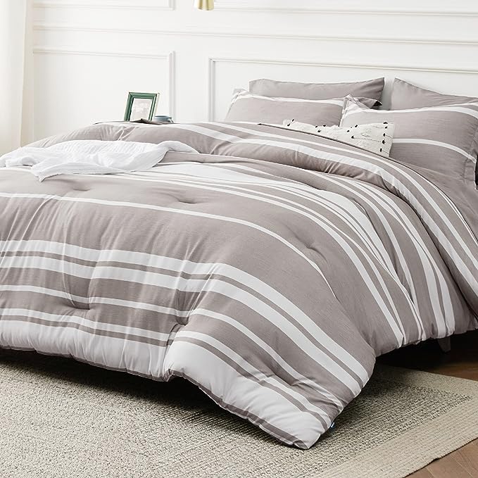 Bedsure California King Comforter Set 7 Pieces, Warm Taupe White Striped Bedding Comforter Sets All Season Bed Set, 2 Pillow Shams, Flat Sheet, Fitted Sheet and 2 Pillowcases