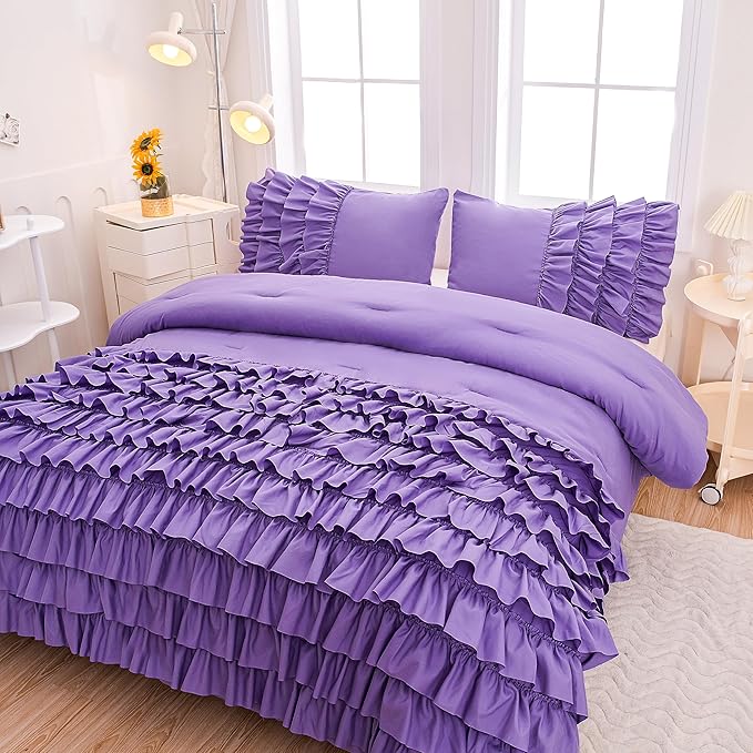 Purple Comforter Set Full Size, Light Purple Boho Ruffle Bedding Set, 3Pcs Kids Girls Full Size Bedding Sets for All Season