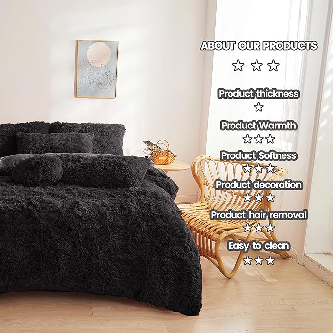 FOPPA Black fluffy Comforter Cover Set king- Ultra Soft fluffy Black Bedding Sets 3 Pieces (1 Duvet Cover + 2 Pillow case) pink fluffy bed set (Black, King)