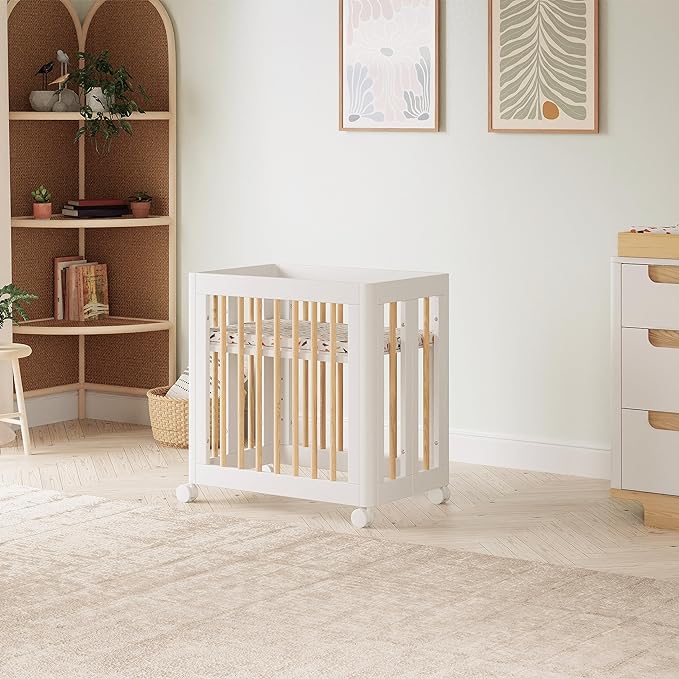 Babyletto Yuzu Convertible All-Stages Bassinet, Midi, Full-Size Crib in White with Natural, Greenguard Gold Certified, Portable & Adjustable with Conversion Kits and Pads Included