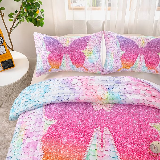 CVHOUSE Butterfly Bedding Set,Butterfly Comforter Twin,Butterfly Comforter Set for Girls Kids Teens,Butterflies Quilt Set with 1 Comforter and 2 Pillow Cases- 3 Piece