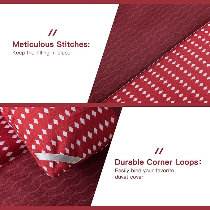 Litanika Red Comforter Set King, 3 Pieces Boy Men Women Girls Christmas Comforter Bedding Set, Burgundy White Colorblock Stripe for Winter (104x90In Comforter & 2 Pillowcases)