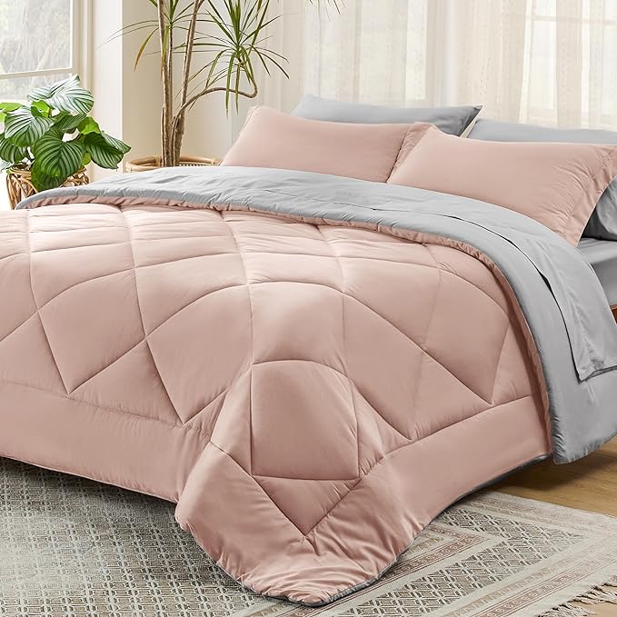 Bedsure Blush Pink California King Size Comforter Set - 7 Pieces Reversible Cal King Bed in a Bag Bed Set with Comforters, Sheets, Pillowcases & Shams, California King Bedding Sets