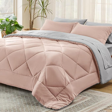 Bedsure Blush Pink King Size Comforter Set - 7 Pieces Reversible King Bed in a Bag King Bed Set with Comforters, Sheets, Pillowcases & Shams, King Bedding Sets