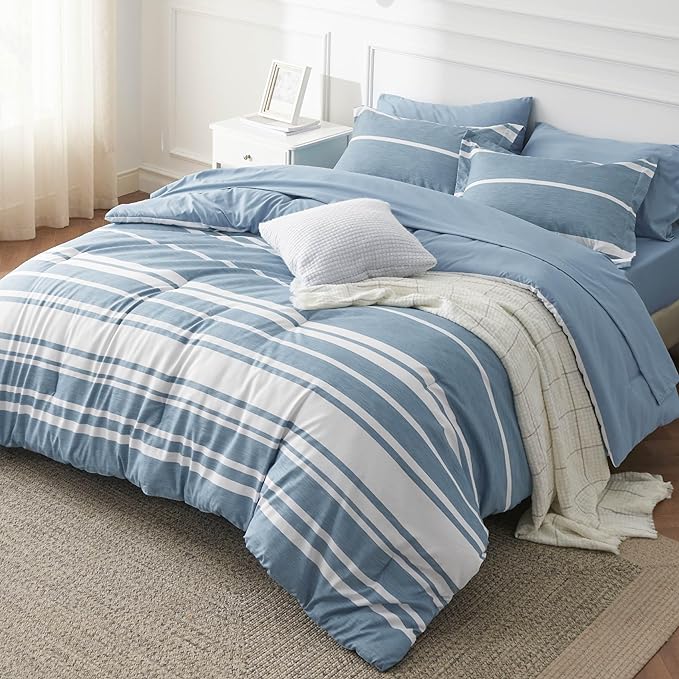 Bedsure Twin XL Comforter Set for College Boys, Blue White Striped Bedding Comforter Sets All Season Bed Set with 1 Pillow Sham, Flat Sheet, Fitted Sheet and 1 Pillowcase