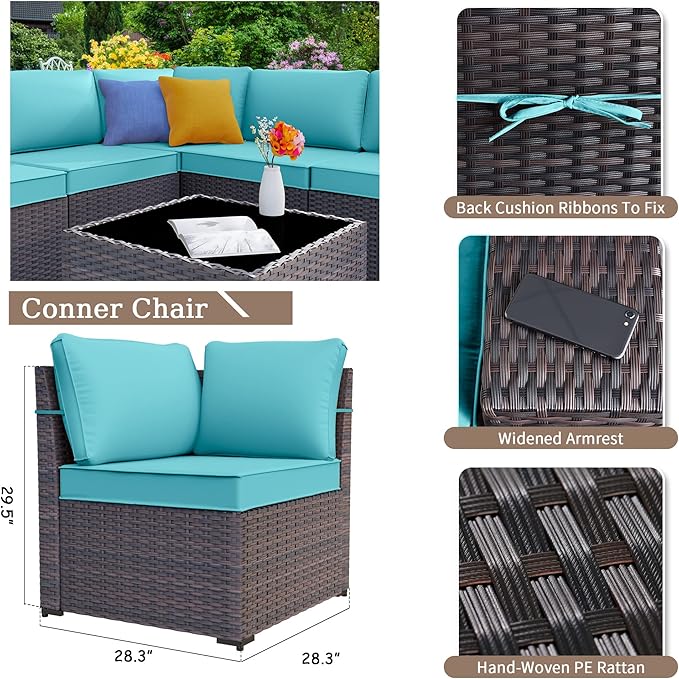 Patio Furniture Sectional Sofa Set 7 Pieces PE Rattan Outdoor Furniture w/43in Gas Fire Pit Table, Patio Conversation Set with 55000 BTU Propane Fire Pit, Blue