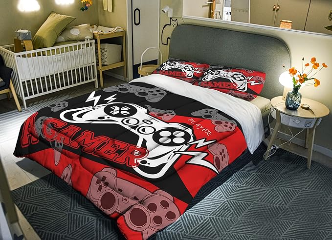 Sunnycitron Gaming Comforter Set for Boys Gamer Bedding Full Size Gamer Comforter Boys Teen Gamepad Game Bedding Kid's Comforter Set 1 Comforter with 2 Pillowcases