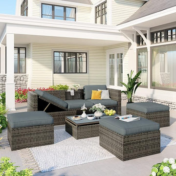 5-Piece Patio Furniture Sets Wicker Outdoor Sofa Couch with Adustable Backrest, Ottomans and Lift Top Coffee Table, Onesize, Gray