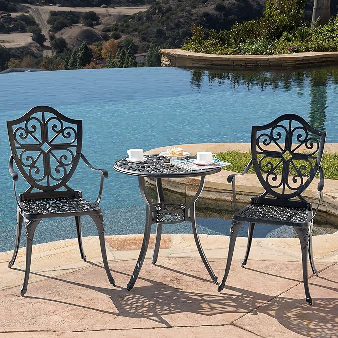 NUU GARDEN 3 Piece Outdoor Bistro Set All Weather Cast Aluminum Patio Set Bistro Table Set Rustproof Patio Table and Chairs with Umbrella Hole for Backyard, Balcony, Front Porch, Black