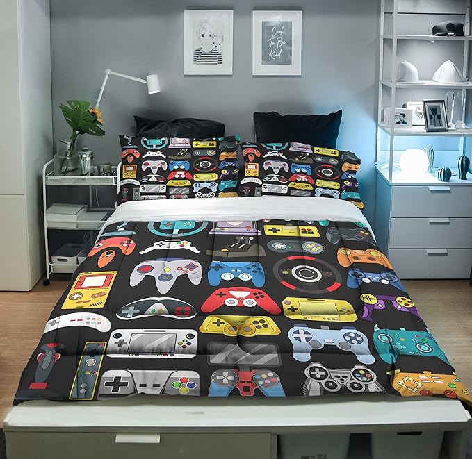 Sunnycitron Gaming Comforter Boys Bedding Sets Queen Comforter Sets Gamer Bedding Sets for Boys Gamer Bed Set Teen Boy Gamer Room Decor Gaming Comforter Set,1 Comforter 2 Pillowcases