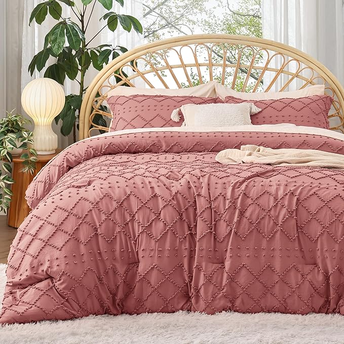Bedsure Twin/Twin XL Comforter Set - Pink Clay Boho Twin Extra Long Comforter Set for College, Shabby Chic Dorm Bedding Set, 2 Pieces Modern Farmhouse Bed Set, includes 1 Pillow Sham