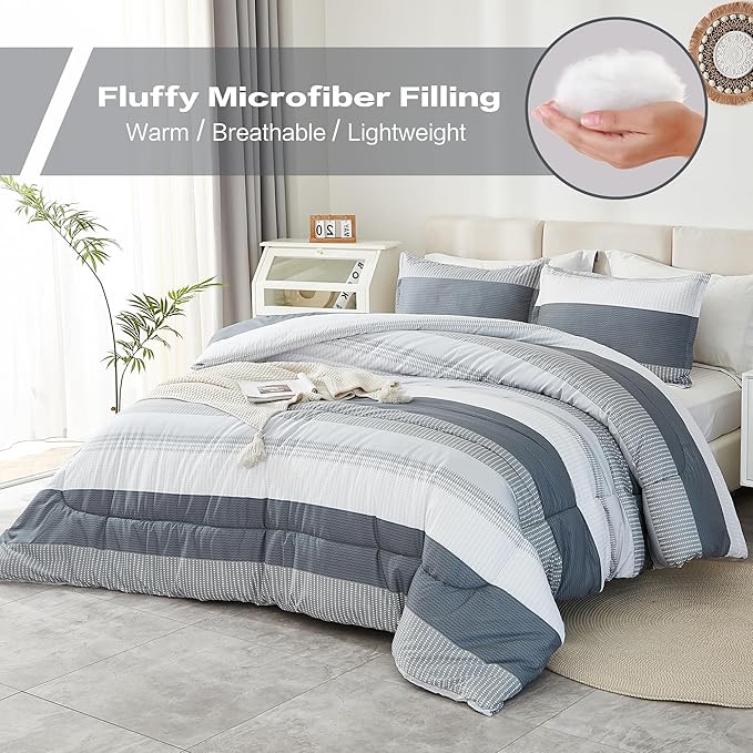 Litanika Twin/Twin XL Comforter Set Dorm Bedding Grey, 2 Pieces Twin Extra Long Comforter & Sets Light Gray White Colorblock Stripe, All Season Bed Set
