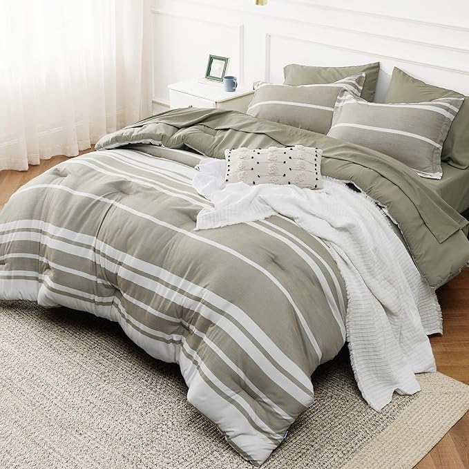 Bedsure Bed in a Bag Twin Size 5 Pieces, Olive Green White Striped Bedding Comforter Sets All Season Bed Set with 1 Pillow Sham, Flat Sheet, Fitted Sheet and 1 Pillowcase