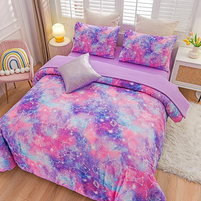 Btargot Lightweight Microfiber 6 Piece Comforter Set, Tie Dye Galaxy Constellation Pattern Bedding Set for Boys Girls Teen, Queen Purple