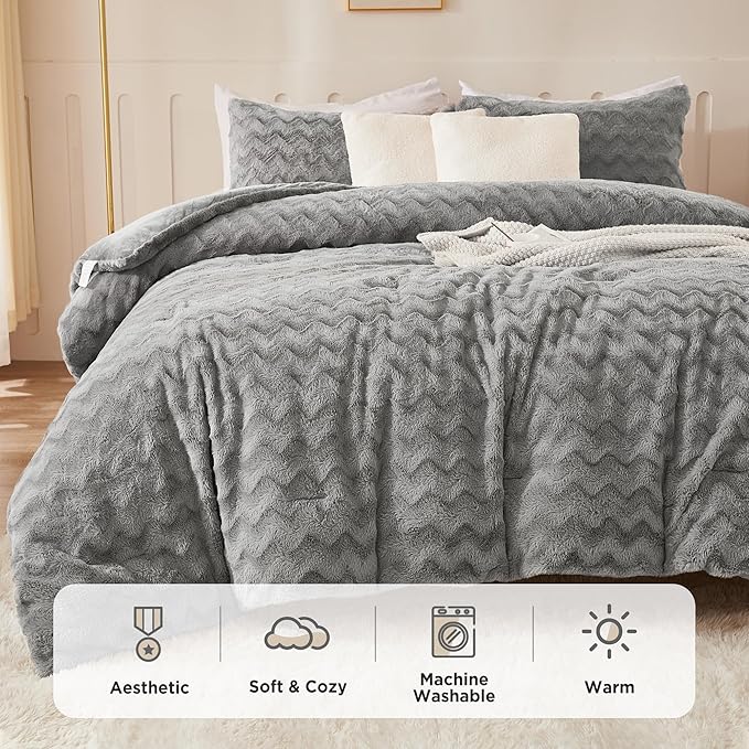 Andency Grey Fleece Comforter Set Queen Size, 3 Pieces Fuzzy Fluffy Faux Fur Bedding Comforter Set for Queen Bed, Warm Plush Shaggy Sherpa Bed Set for Women Man
