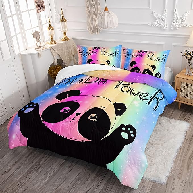 Datura home Bedding Comforter Set Rainbow Kawaii Cute Panda Printed Pattern with 1 and 2 Pillowcases for Girls Bedroom All Season(Panda Full) Full 80x90inches