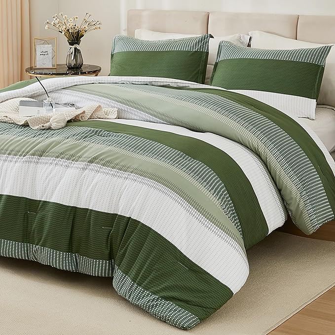 Litanika Olive Green Comforter Set Full - 3 Pieces Lightweight Olive Green White Colorblock Stripe Fluffy Bedding Comforter Sets, All Season Bed Set