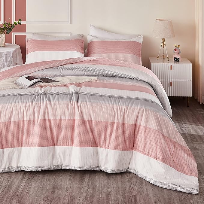 Litanika Pink King Size Comforter Set, 3 Pieces Blush White Colorblock Lightweight Bedding Comforter Set