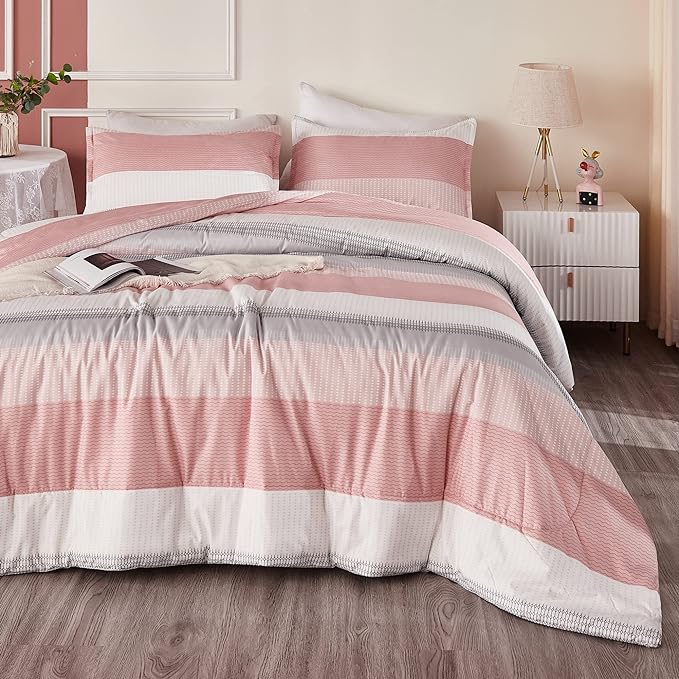 Litanika Pink California King Comforter Set - 3 Pieces Blush Cal King Oversized Lightweight Summer Colorblock Stripe Bedding Set (104x96In, 2 Pillowcases)