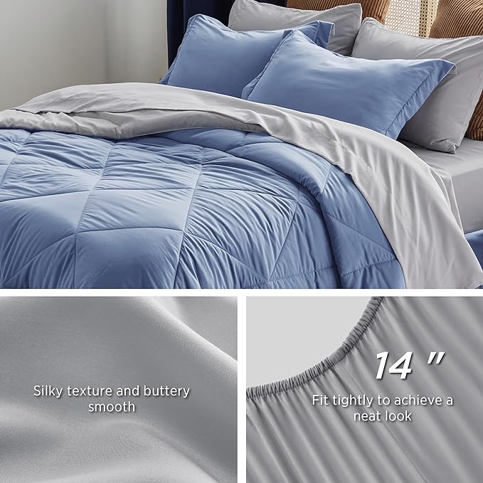 Bedsure Infinity Blue King Size Comforter Set - 7 Pieces Reversible King Bed in a Bag, King Bed Set Infinity Blue and Grey with Comforters, Sheets, Pillowcases & Shams