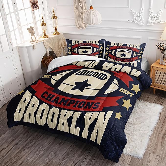 Datura home Football Comforter Sets for Boys Kids,Red Blue Theme Beige Football Championship,Duvet 3Pcs in Quilt Sets with 1 Comforter and 2 Pillowcases All Season(Red Queen)