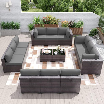 Patio Furniture Set 14-Pieces Outdoor Furniture for Backyard Wicker Sectional Sofa Set, Rattan Patio Conversation Set with Thickened Cushions and Glass Coffee Table, Grey