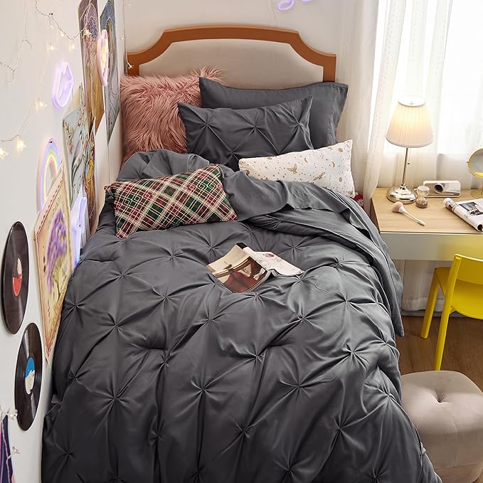 Bedsure Twin XL Comforter Set for Boys - Extra Long 5 Pieces Dorm Bedding Sets, Pinch Pleat Dark Grey Bed in a Bag with Comforter, Sheets, Pillowcase & Sham