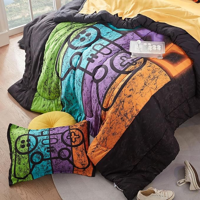 SLEEP ZONE Kids Bedding Comforter Set Full/Queen Size - Super Cute Game Bedding Set for Boys, Girls, Teens - 7 Pieces Set with Comforter, Sheet, Pillowcase & Sham (Game Night)