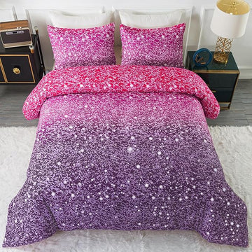 Litanika Galaxy Comforter Full(79x90lnch), 3 Pieces(1 Purple Glitter Ombre Comforter, 2 Pillowcases), 3D Colorful Rainbow Bedding Set, Microfiber Comforter Set for Kid Boy Girl Teen