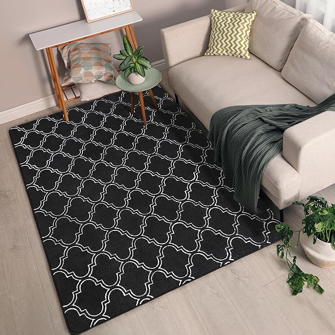Chicrug Shag Geometric Modern Area Rug for Living Room, 3x5 Feet Large Memory Foam Indoor Carpet, Fluffy Rug for Bedroom Bedside Room Decor for Family Girls Kids Nursery, Black/White