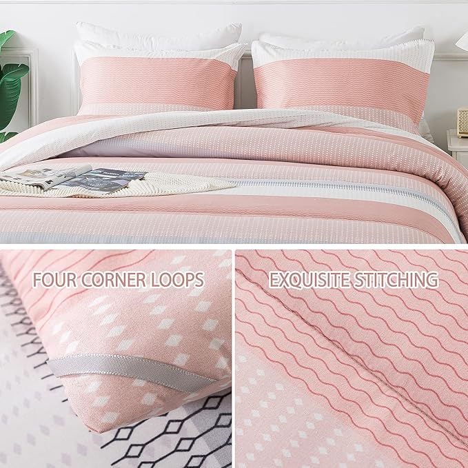 Andency Stripe Comforter Set Queen Size (90x90 Inch), 3 Pieces Pink Patchwork Striped Comforter, Soft Microfiber Down Alternative Comforter Bedding Set with Corner Loops